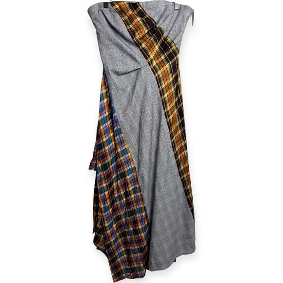 Anthropologie Maeve Plaid Patchwork Strapless Asymmetrical Midi Handkerchief Dre - Picture 6 of 11